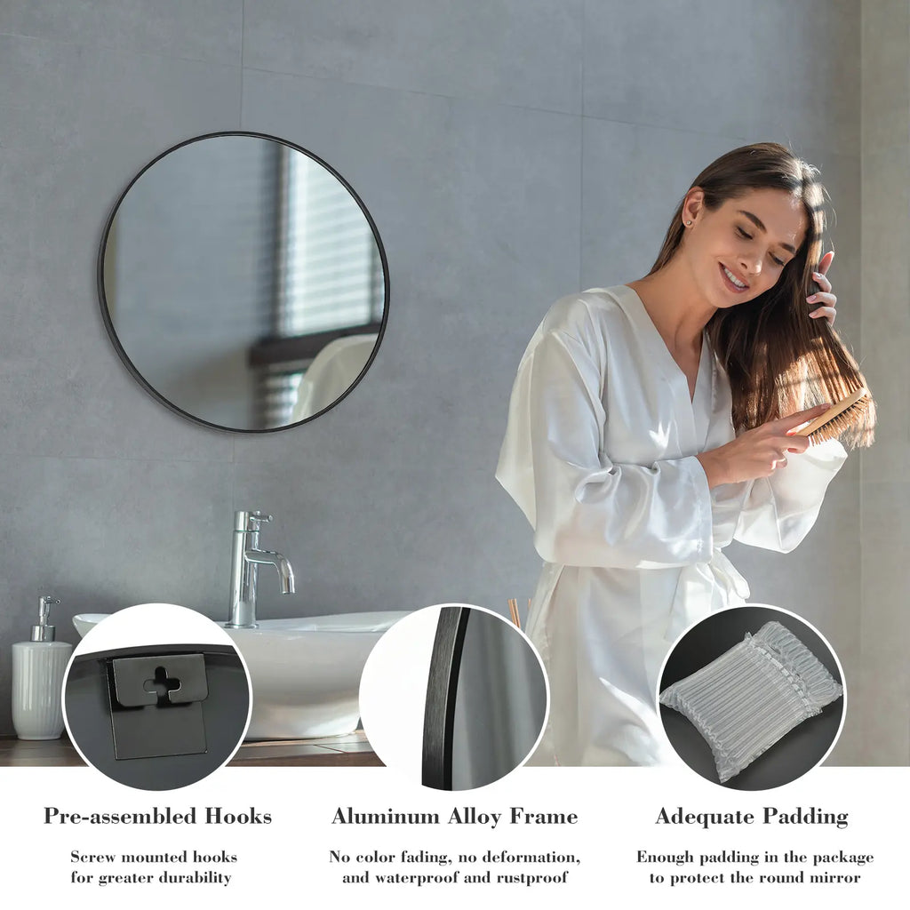 Sweet Furniture F round Wall Mirror 20/24/30 Inch, Bathroom Mirrors for over Sink, Circle Mirror for Bathroom, Entryway, Bedroom, Vanity