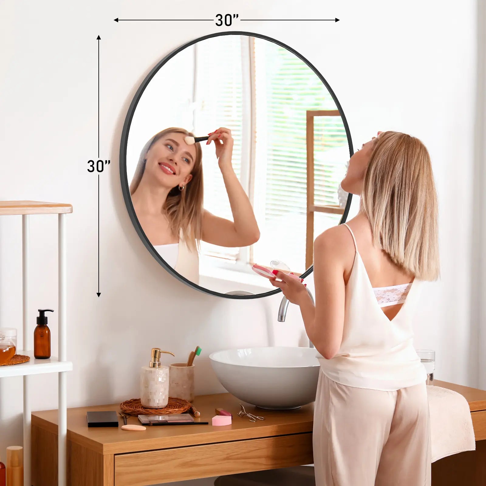 Sweet Furniture F round Wall Mirror 20/24/30 Inch, Bathroom Mirrors for over Sink, Circle Mirror for Bathroom, Entryway, Bedroom, Vanity