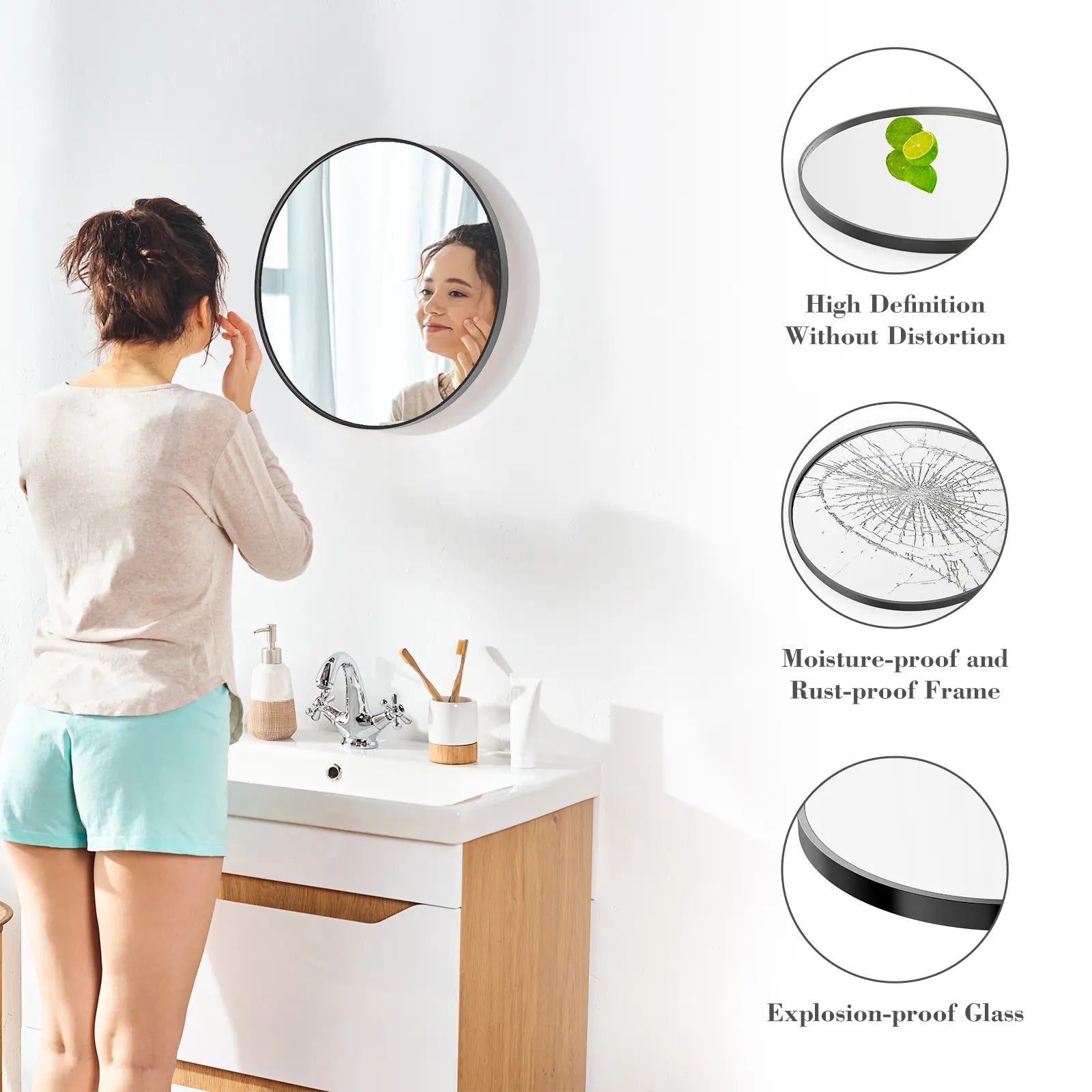 Sweet Furniture F round Wall Mirror 20/24/30 Inch, Bathroom Mirrors for over Sink, Circle Mirror for Bathroom, Entryway, Bedroom, Vanity